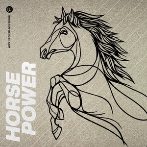 May include: A black and white line art illustration of a horse rearing up on its hind legs. The horse has a long flowing mane and tail. The text "HORSE POWER" is written vertically on the left side of the image.