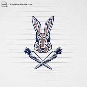 May include: A stylized illustration of a rabbit's head with crossed carrots. The rabbit is brown and the carrots are outlined in blue.