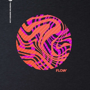 May include: A black background with a pink and orange abstract design in the shape of a circle. The text "FLOW" is below the circle.