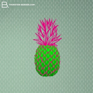 May include: A green pineapple with a pink top on a light gray background with a white dotted pattern.