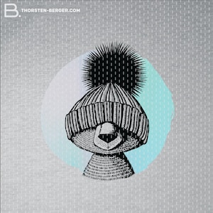 Pode incluir: Ilustração em preto e branco de um urso usando um chapéu de malha com um pompom no topo. O chapéu cobre os olhos do urso.