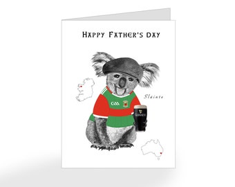 Father's Day Card, Koala in Irish or County Jersey, Heart in Ireland and Australia, Koala holding a Guinness, Irish Card, Cute Irish Koala
