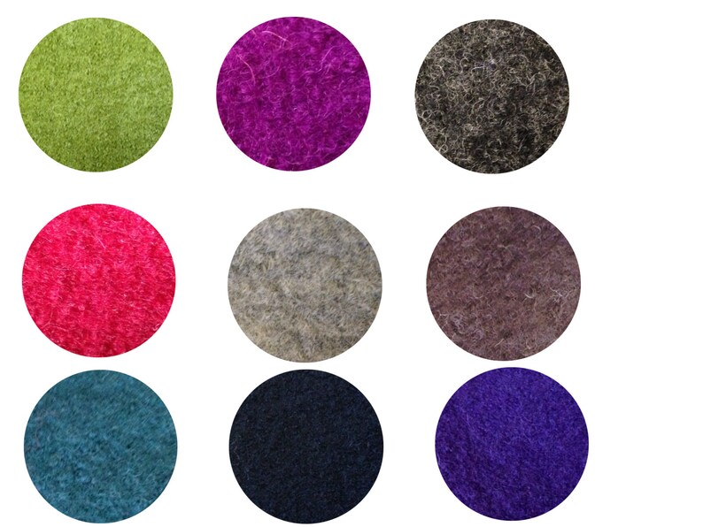 May include: Nine round felt samples in various colors, including green, purple, pink, gray, brown, teal, and navy.