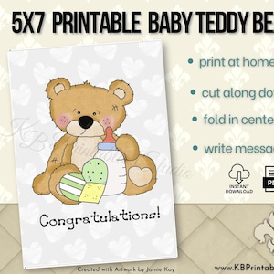 Carte imprimable ours en peluche, carte de naissance, carte de bébé garçon, carte de baby shower, carte bébé garçon, félicitations pour l'arrivée de bébé, carte ours en peluche garçon