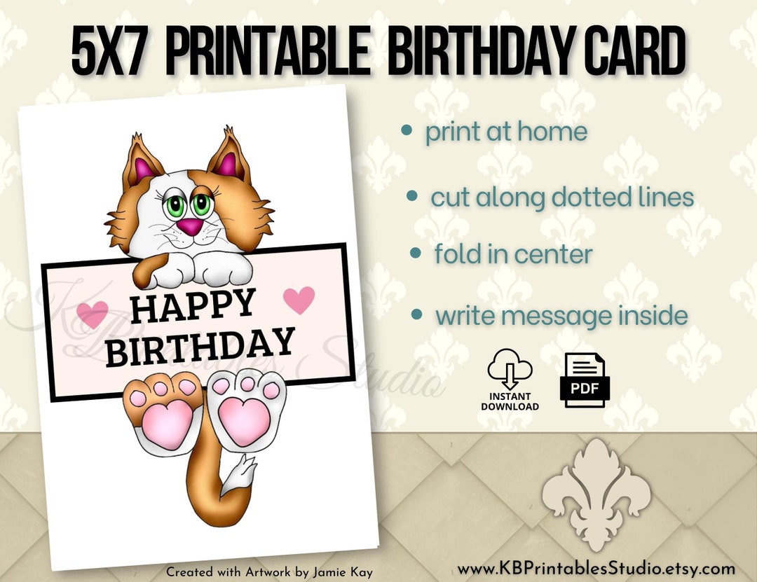 Printable Cat Birthday Card, Cute Kitty Design (PDF) - Etsy