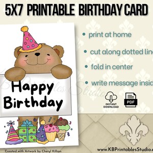 Cartão de aniversário infantil para impressão, cartão de aniversário fofo, cartão para download, cartão de aniversário para crianças, cartão de urso de aniversário, cartão de aniversário faça você mesmo