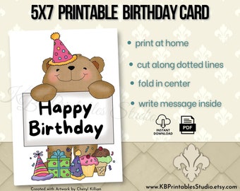 Carte d'anniversaire imprimable pour enfant, carte d'anniversaire mignonne, carte téléchargeable, carte d'anniversaire pour les enfants, carte d'ours d'anniversaire, carte d'anniversaire bricolage