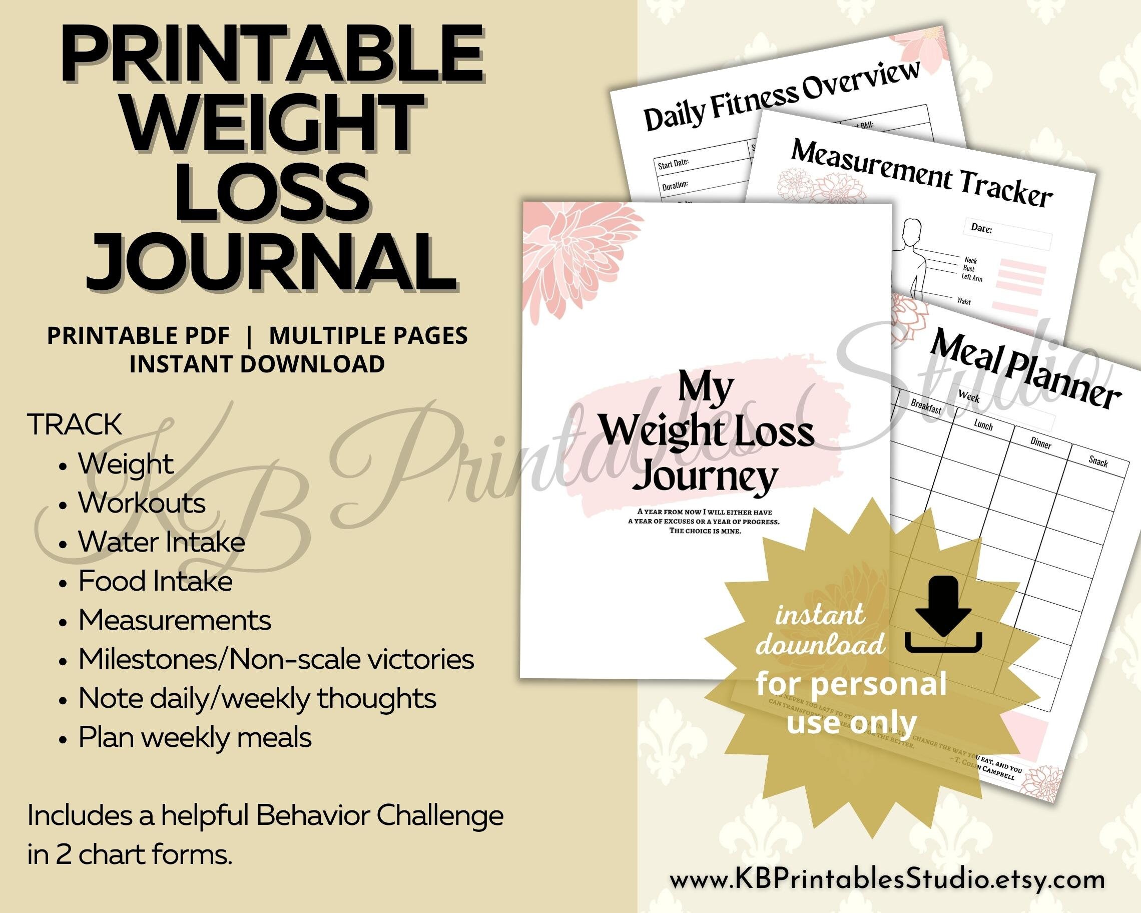 Weight Loss Journal, Printable Fitness & Diet Planner (34 Pages) (PDF ...