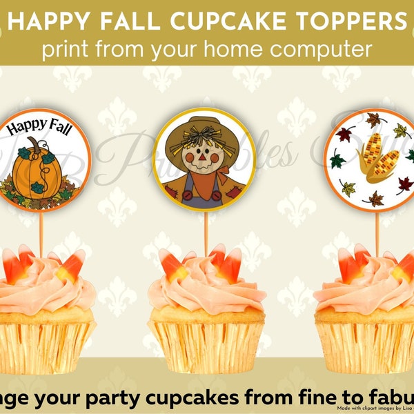 Happy Fall Printable Cupcake Toppers, Fall Party Decor, Fall Celebration DIY, Harvest Party Decor, Cute Fall Party Theme