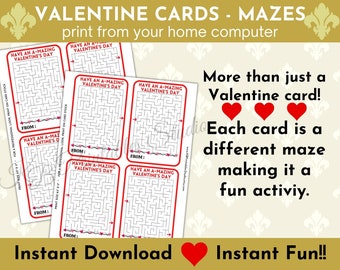 Maze Valentine's Day Cards, Printable Children's Valentine's Cards, Children's Valentine Cards, Valentine Card Mazes, Classroom Valentines