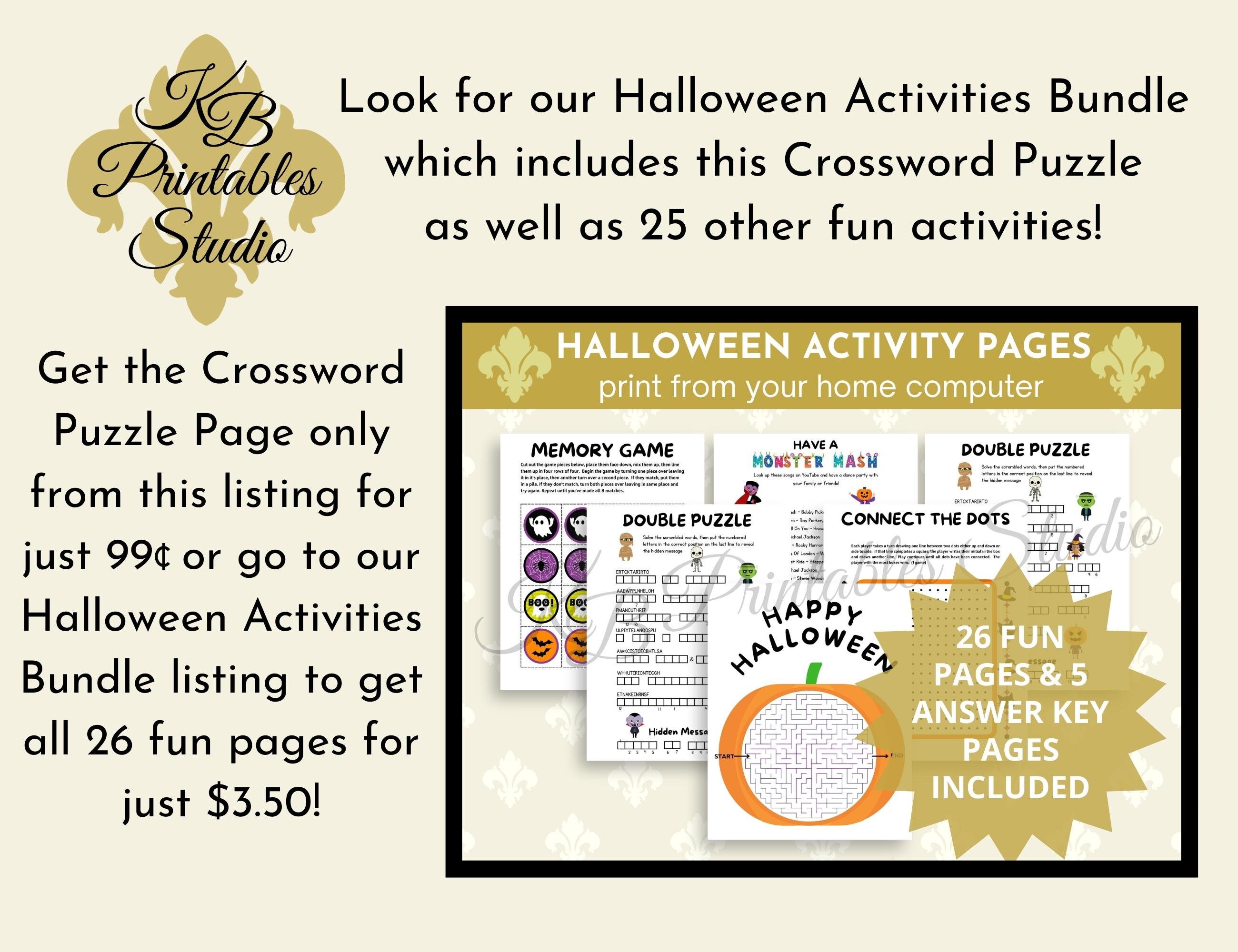 Halloween Puzzle, Printable Crossword Puzzle, Kids Printable Puzzle ...