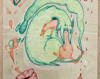 Hug: Original Zeichnung auf Holzplatte