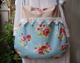 CANVAS Beuteltasche  Blumen Rosen Schultertasche Umhängetasche blau hellblau rot beige  Stoff Tasche Cath Kidston Baumwollstoff