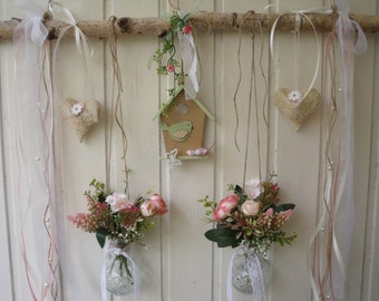 Romantik Fensterdeko BLUMEN Glasvasen VOGELHAUS Wanddeko Vogel Haus Hängedeko Fensterhänger Fensterschmuck Natur Holz BIRKENAST Deko Shabby