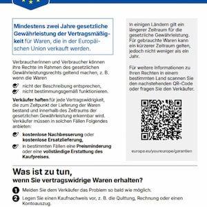 May include: An informational document titled GESETZLICHE GEW&Auml;HRLEISTUNG featuring a blue header with a shield icon and European Union stars. It outlines consumer rights regarding product warranties, includes a QR code, and provides instructions.