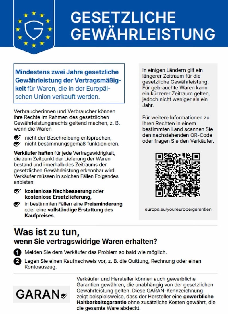 May include: An informational document titled GESETZLICHE GEW&Auml;HRLEISTUNG featuring a blue header with a shield icon and European Union stars. It outlines consumer rights regarding product warranties, includes a QR code, and provides instructions.