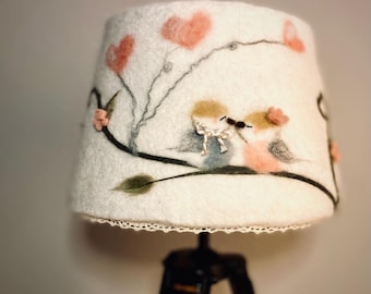 Felted table lamp with little birds in love