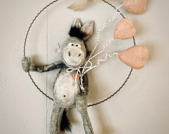 Metal ring with hand-felted donkey and heart balloons