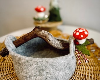 Hand felted basket with lucky mushroom