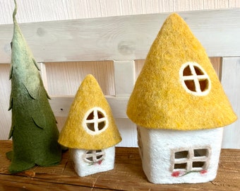 Felted house with mustard yellow roof and lighting - large 102