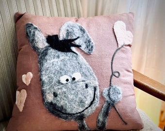 felted pillowcase with donkey and hearts, 40 x 40 cm