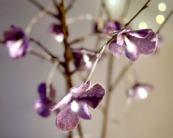 felted fairy lights with 10 romantic flowers - lilac