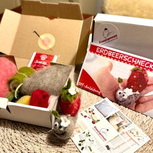 Könnte beinhalten: Ein Bastelset zum Selbermachen eines Filz-Erdbeerschecken. Das Set enthält Filz in verschiedenen Farben, eine Nadel und eine Anleitung. Die Anleitung ist mit "Erdbeerscheck DIY-Anleitung" betitelt.