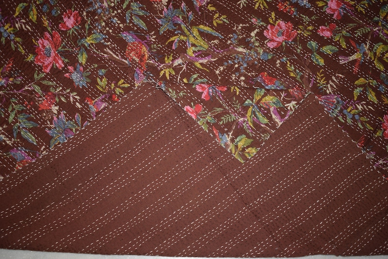 Brown Bird Print King Size Kantha Quilt Kantha Blanket Bed Cover King Kantha Bedspread Bohemian Bedding Kantha Size 90 Inch X 108 Inch