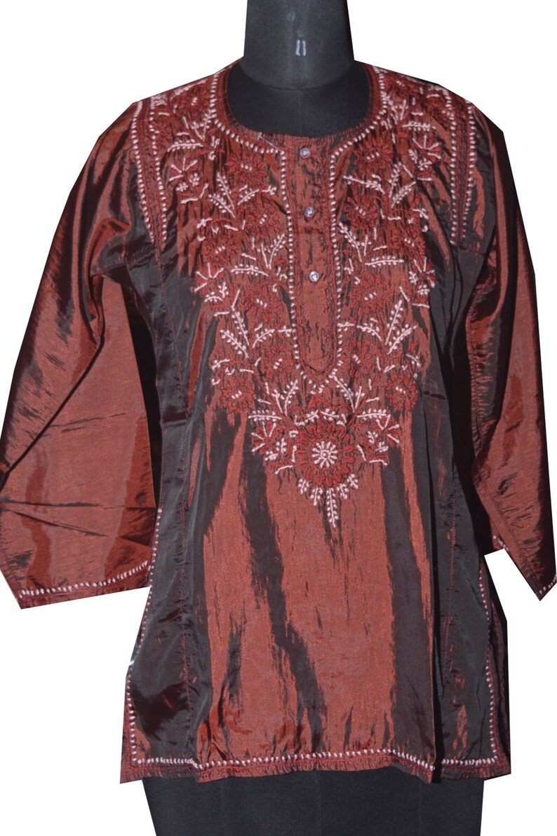 Hand Embroidery Indian Kurti Ethnic Silk Short Hand Embroidery Top with Fine Work
