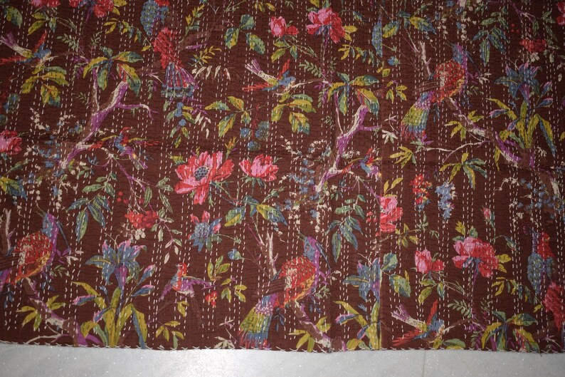 Brown Bird Print King Size Kantha Quilt Kantha Blanket Bed Cover King Kantha Bedspread Bohemian Bedding Kantha Size 90 Inch X 108 Inch