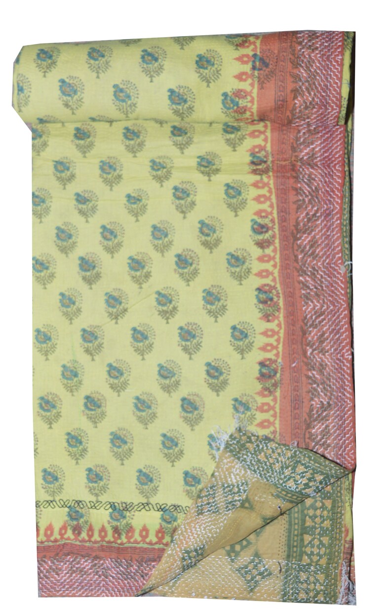 Vintage Cotton Kantha Quilt Handmade Bedding Throw Kantha Bedsheet Reversible Ralli Recycled Old Cotton Floral Kantha Blanket 03
