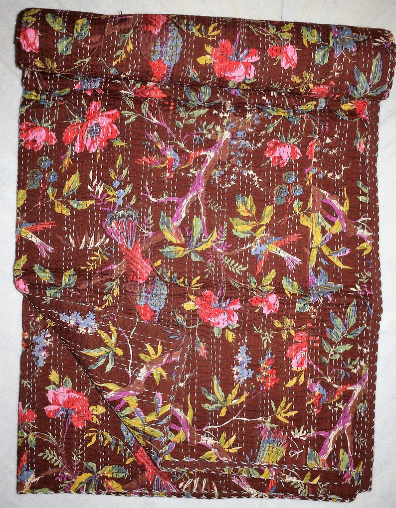 Brown Bird Print King Size Kantha Quilt Kantha Blanket Bed Cover King Kantha Bedspread Bohemian Bedding Kantha Size 90 Inch X 108 Inch