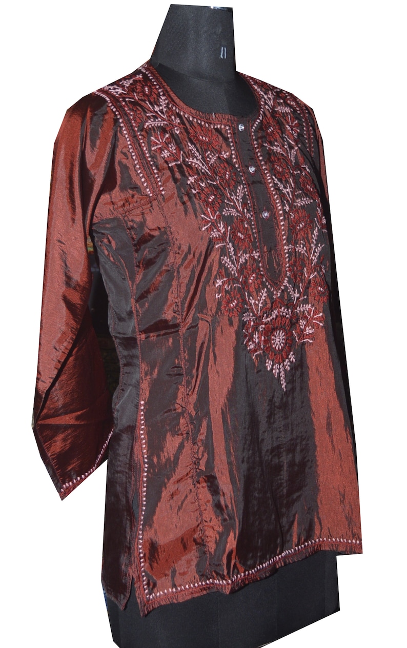 Hand Embroidery Indian Kurti Ethnic Silk Short Hand Embroidery Top with Fine Work