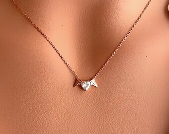Rose Gold Heart Wings Necklace, Sterling Silver Angel Jewelry