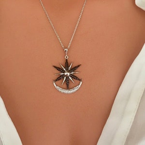 Sterling Silver North Star Necklace / Polar Star Necklace / Black Cubic Zirconia / 14K Gold Plated /Gift For Her