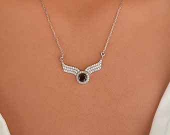 Sterling Silver Angel Wings Necklace: Black Zircon Halo Pendant