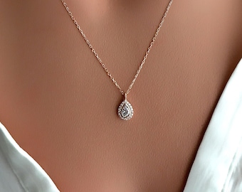 Pear Cut  Teardrop Halo Necklace / 925 Sterling Silver / Bridesmaid Necklace