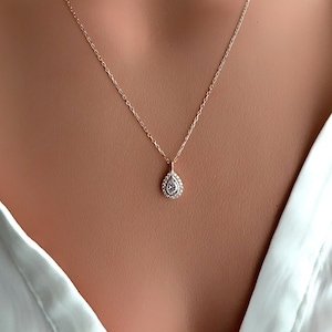 Pear Cut  Teardrop Halo Necklace / 925 Sterling Silver / Bridesmaid Necklace