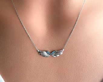 Sterling Silver Angel Wings Necklace, Turquoise Zircon Pendant