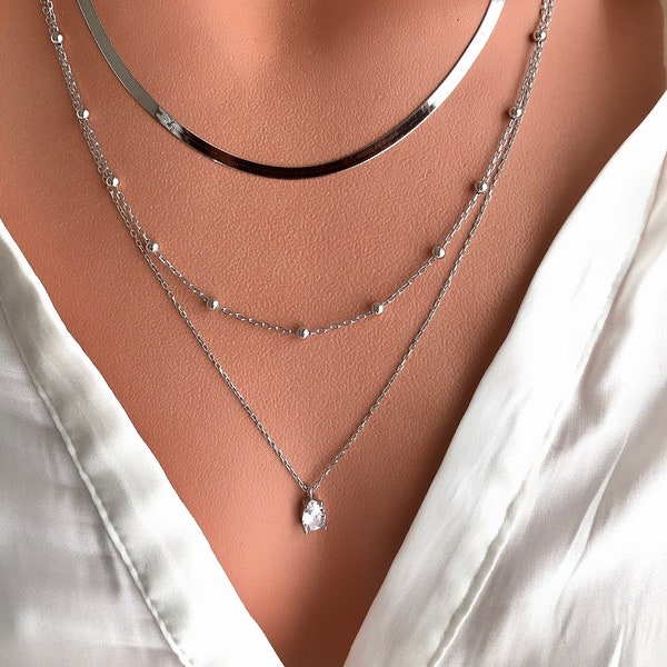 Sterling Silver Layered Necklace Set / Layering Necklaces / Harringbone Chain / Snake Chain / Stacking Necklace / Layered