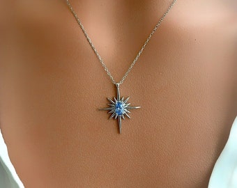 Sterling Silver Aquamarine North Star Necklace: Celestial Pendant