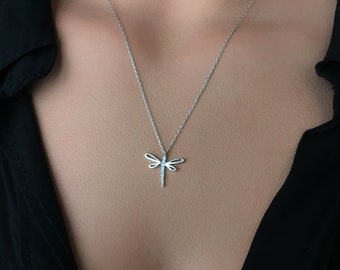 Tiny Dragonfly Necklace, Sterling Silver Necklace, Insect Necklace, Cz Necklace, Gift For Her