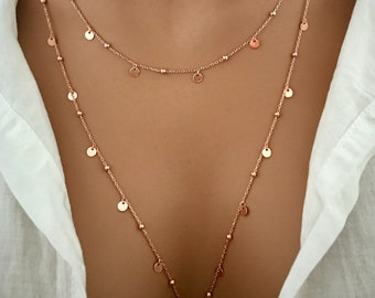 Sterling Silver Layering Necklace: Rose Gold Tiny Disc Pendant (95cm)