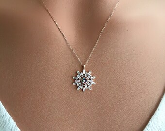 Sterling Silver Baguette Necklace: Colored Stone Delicate Pendant