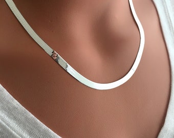 Sterling Silver Herringbone Chain Necklace, Modern Snake Necklace
