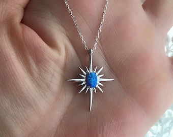 Blauer Opal Nordstern Halskette: Sterling Silber Celestial Anhänger