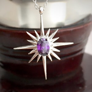 925 Sterling Silver North Star Necklace / Amethyst Necklace / Purple Necklace / Purple Pendant / Polar Star Necklace.