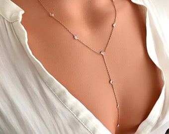 Rose Gold Sterling Silver Lariat Y Necklace: Zircon Charm