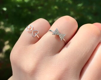 TATIANA☆[SET] Ribbon to Heart Ring Ribbon Ring / Heart Ring / 925 Sterling Silver Ring / Zircon