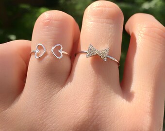 Ribbon Ring / Heart Ring / 925 Sterling Silver Ring / Zircon